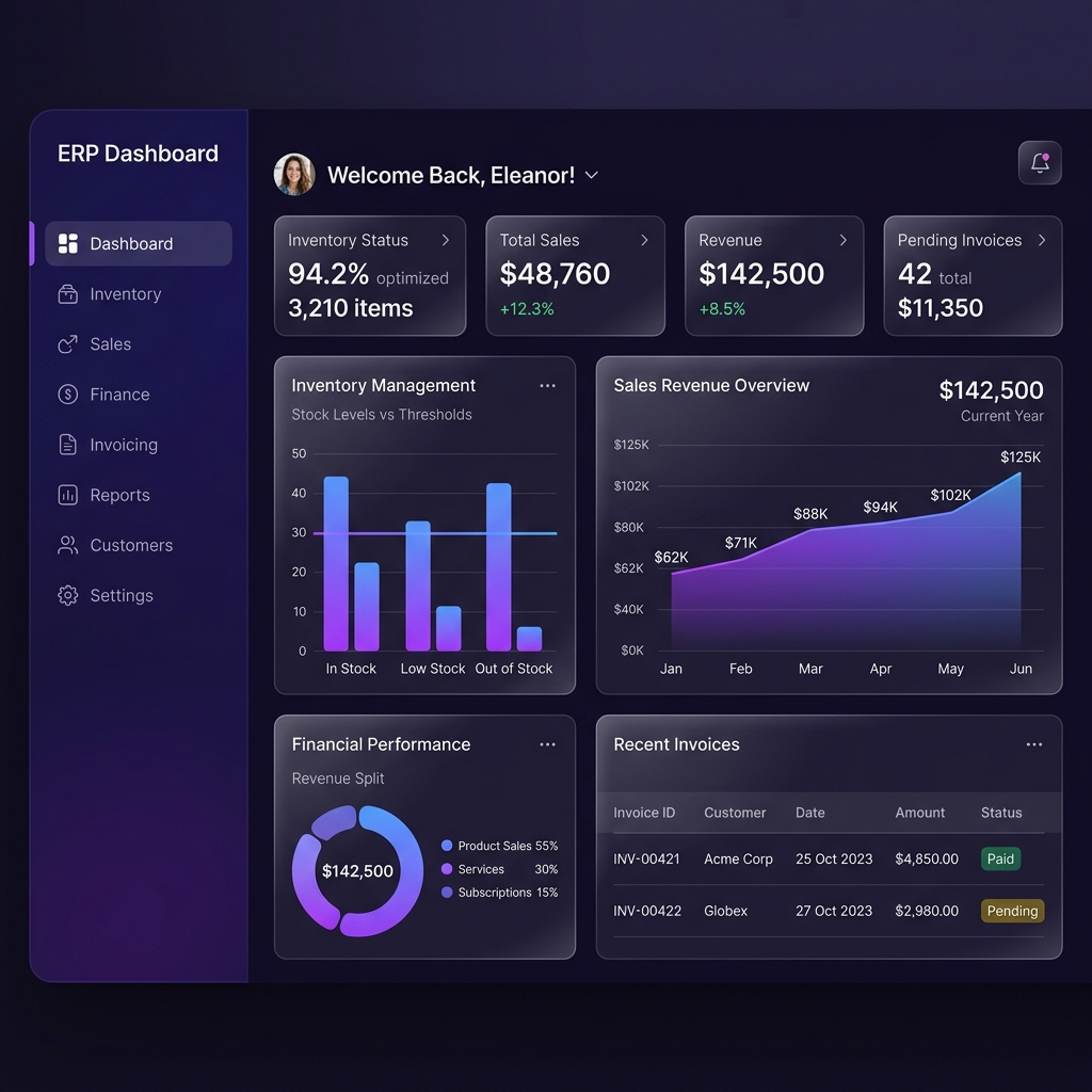 AshproERP Dashboard Preview — Inventory, Sales, Finance overview